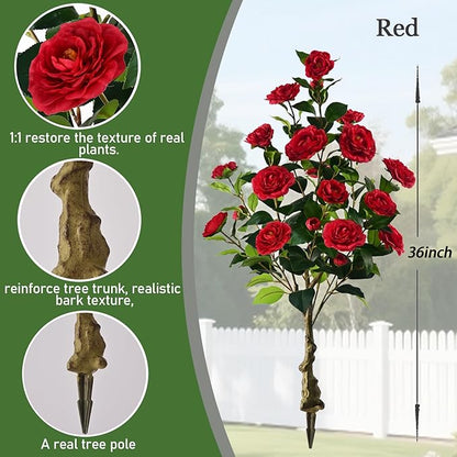 Artificial Camellia Tree with Spike, 36” Tall Faux Artificial Plants Outdoor Flower Tree with Red Blooming Camellia Flower, Fake Flower Tree for Home, Garden Decor(Red)