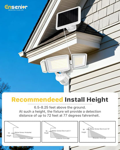 Ensenior 1800LM Solar Flood Lights Outdoor, Motion Sensor Outdoor Light 6500K, IP65 Waterproof, Separate Solar Panel, Solar Security Light with 5 Sensor Modes and 3 Adjustable Head for Yard (White)