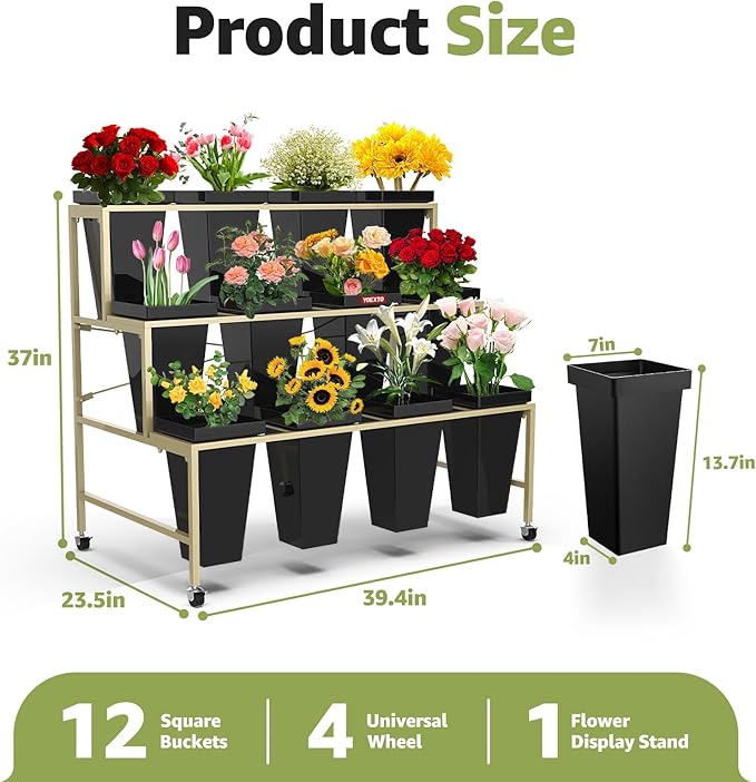 Flower Display Stand 3 Layers with Buckets, 12 PCS Buckets Plant Stand with Wheels, Movable Metal Plant Stand for Terrace Garden, Living Room, Florist Shop
