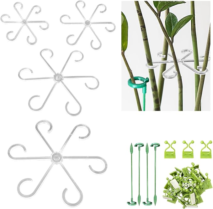 12 Pcs Transparent Plant Stem Support, Reusable Invisible Plastic Stem Support Holders, with 30 Pcs Plant Climbing Wall Clips and 4 Pcs 7 Inch Support Stakes for Monstera Vertical Growth