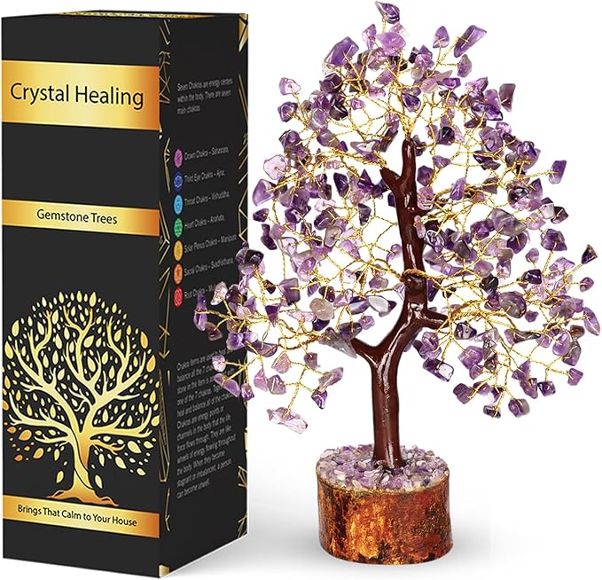 NARIBABU Amethyst Crystal Tree – 10-12 Inch Gemstone Tree with Golden Wire & Wooden Base – Spiritual Gift, Gifts for Her, Healing Crystals Decor, Birthday Gift for Women, Reiki Energy