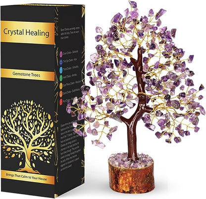 NARIBABU Amethyst Crystal Tree – 10-12 Inch Gemstone Tree with Golden Wire & Wooden Base – Spiritual Gift, Gifts for Her, Healing Crystals Decor, Birthday Gift for Women, Reiki Energy