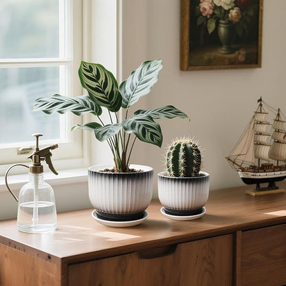 6.7 + 5.5 Inch Ceramic Plant Pots,Set of 2,Planters with Drainage and Saucer,Indoor Pots for Plants,Modern Flower Pots for Home and Office（Black + White）