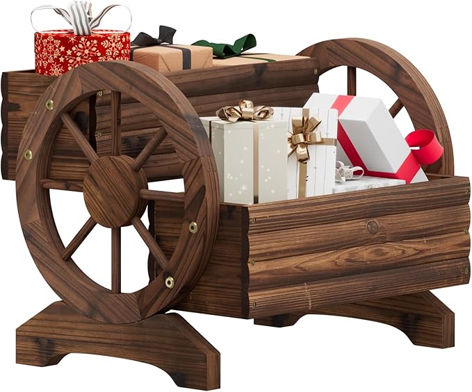 Garden Planter with Wheels, Wooden Wagon Box, Decorative Planter for Flowers Herbs Vegetables for Indoor & Outdoor Décor Flower Cart for Patio Garden Balcony (Carbonized)