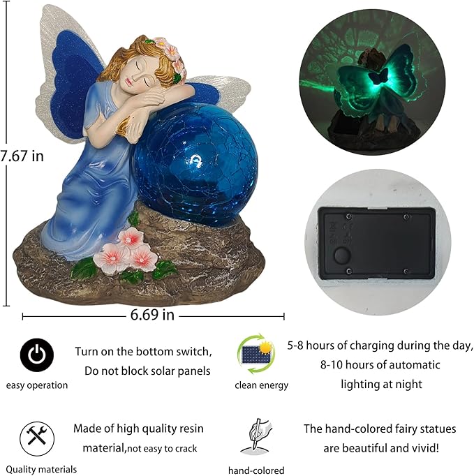 Solar Fairy Garden Statue with Cracked Glass Ball & Glowing Wings, Waterproof Outdoor Fairy Decor for Yard, Patio, Lawn – Ideal for Garden Lovers & Holiday Giving (7.67x6.69 Inches Blue)