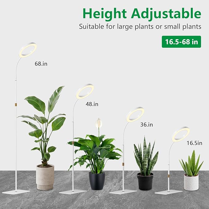 One Head Grow Light for Indoor Plants Full Spectrum - Floor Standing Plant Lamp with Auto Timer 6/12/18H, 5-Level Dimmable & Adjustable Height 16.5-68in for Large Tall Plants | White