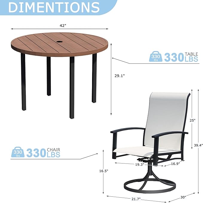 5 Piece Outdoor Dining Set, 42" Walnut Round Outdoor Dining Table with 4 Oyster Beige Swivel Patio Table and Chair Set of 4 for Lawn, Garden, or Porch