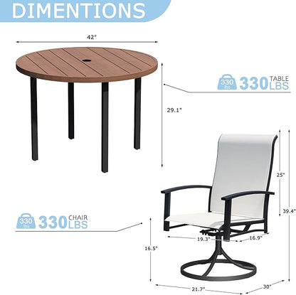 5 Piece Outdoor Dining Set, 42" Walnut Round Outdoor Dining Table with 4 Oyster Beige Swivel Patio Table and Chair Set of 4 for Lawn, Garden, or Porch