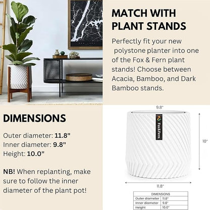 Fox & Fern Large 12 Inch Planter with Drainage Plug — Premium Polystone White Plant Pot; Modern Planter with 3D Texture and Ceramic Finish; 12 Inch Pots for Plants Indoor & Outdoor