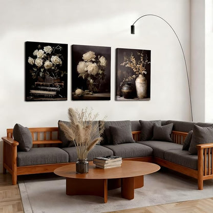 Kdyudo 3 pcs Vintage Moody Floral Book-Framed Canvas Wall Art, Dark Mood Still Life Floral Print Paintings Vase Rose Plant Farmhouse Decor, Dark College Posters, Kitchen, Bedroom, Office, 12x16 inch