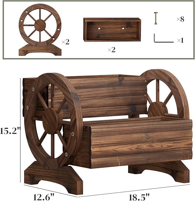 Garden Planter with Wheels, Wooden Wagon Box, Decorative Planter for Flowers Herbs Vegetables for Indoor & Outdoor Décor Flower Cart for Patio Garden Balcony (Carbonized)