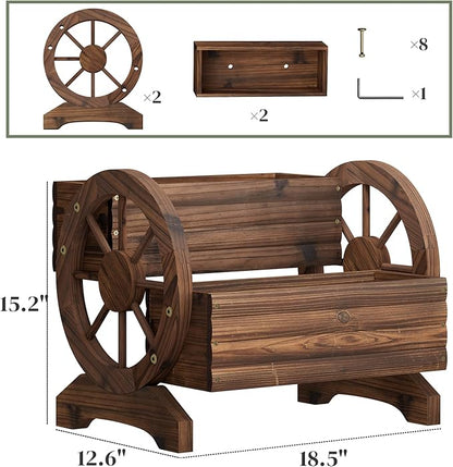 Garden Planter with Wheels, Wooden Wagon Box, Decorative Planter for Flowers Herbs Vegetables for Indoor & Outdoor Décor Flower Cart for Patio Garden Balcony (Carbonized)