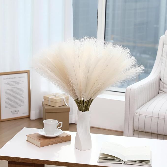 Faux Beige Pampas Grass - 30pcs 24 Inch Boho Home Decor, Artificial pompas Floral, Small Fake Pompous Grass for Table Centerpieces, Wedding and Baby Shower Decorations (Beige, 30 Pieces)
