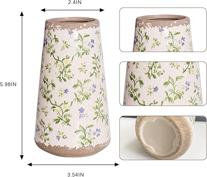 Vintage Ceramic Vase, Tuscan Crackle Glaze Small Flower Vase with Blue and Beige, Rustic Retro Table Vases Decor for Farmhouse Living Room, Bookshelf, Office, Grand Millennial