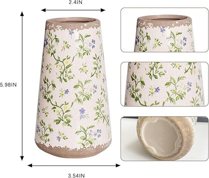Vintage Ceramic Vase, Tuscan Crackle Glaze Small Flower Vase with Blue and Beige, Rustic Retro Table Vases Decor for Farmhouse Living Room, Bookshelf, Office, Grand Millennial
