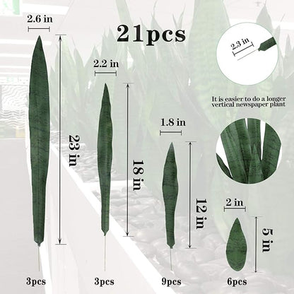 summer flower 23in Snake Plant Artificial Leaf Set 21pcs Faux Sansevieria Plant Leaves Tall Fake Snake Greenery Outdoor 4 Sizes for Indoor Home Decor Office Garden Tabletop Floor Decorations