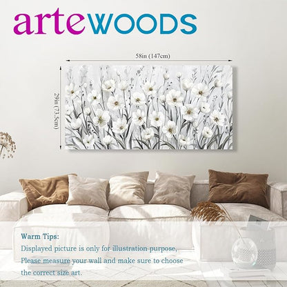 arteWOODS Flowers Canvas Wall Art - Grey White Wildflowers Pictures Wall Decor Botanical Painting Artwork Elegant Floral Prints for Living Room Bedroom Office Home Decor Ready to Hang 58 x 29in