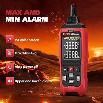 Industry Temperature Humidity Meter High Precision and High Rate Hygrometer with Ambient, Relative Humidity, Dew Point, Wet Bulb Thermometer, Min/Max Hold ±1°F and ±3% RH, 8000 Data Records