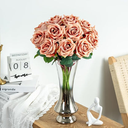 Fake Roses Faux Flowers Silk Roses 16.5In Artificial Roses with Stems Realistic Artificial Flowers Suitable for Indoor Home Decoration Diy Bouquet Wedding Decoration Party Decor 12PCS Khaki