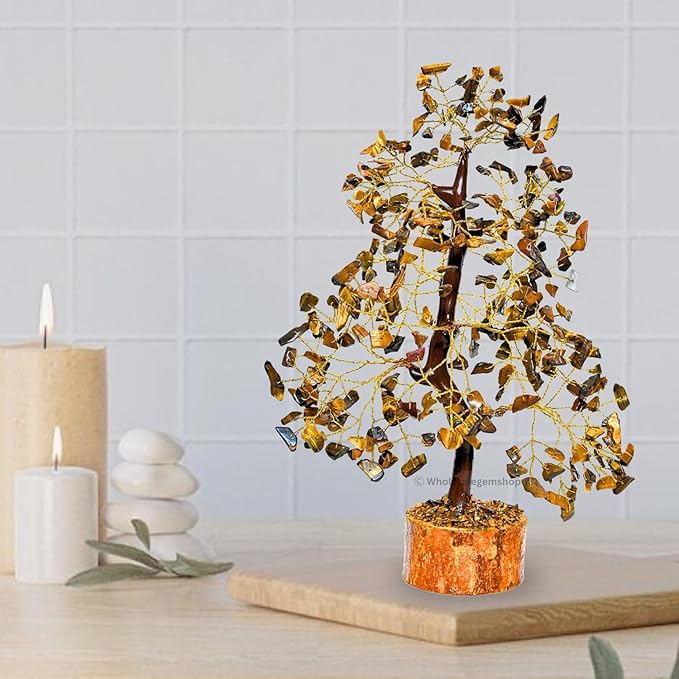 GEMSCITE Tiger Eye Crystal Tree with Golden Wire – Handcrafted Feng Shui Gemstone Bonsai for Energy & Protection