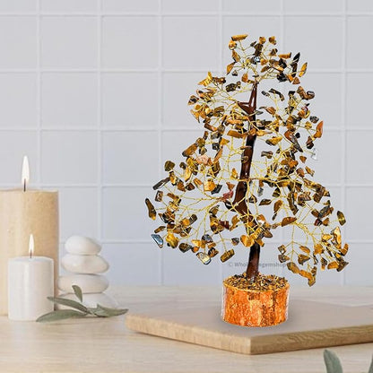 GEMSCITE Tiger Eye Crystal Tree with Golden Wire – Handcrafted Feng Shui Gemstone Bonsai for Energy & Protection