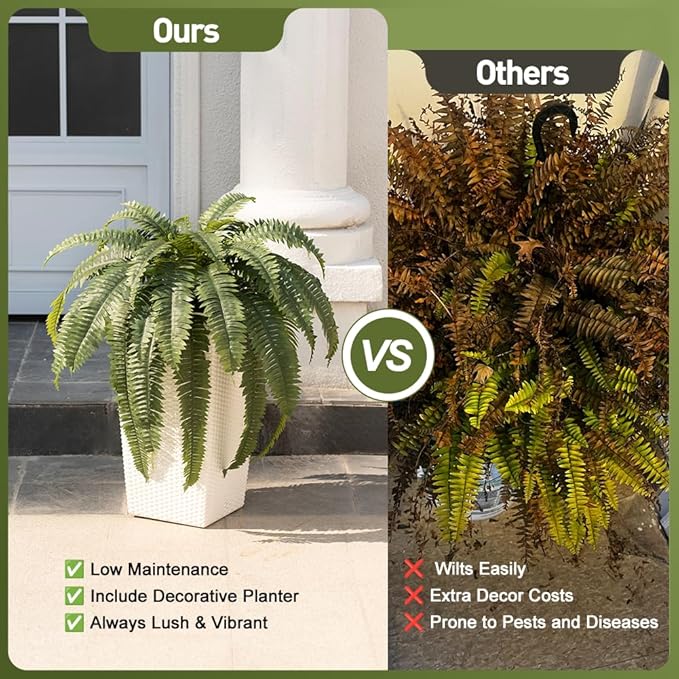 48" Boston Ferns Artificial Outdoor Plants - 39 Fronds UV Resistant Faux Greenery with Taper Planter- Realistic Fake Bushes Front Porch Decor for Garden, Patio, Indoors - Set of 2, VN153