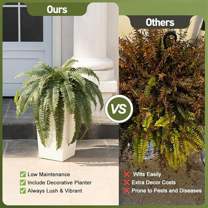 48" Boston Ferns Artificial Outdoor Plants - 39 Fronds UV Resistant Faux Greenery with Taper Planter- Realistic Fake Bushes Front Porch Decor for Garden, Patio, Indoors - Set of 2, VN153