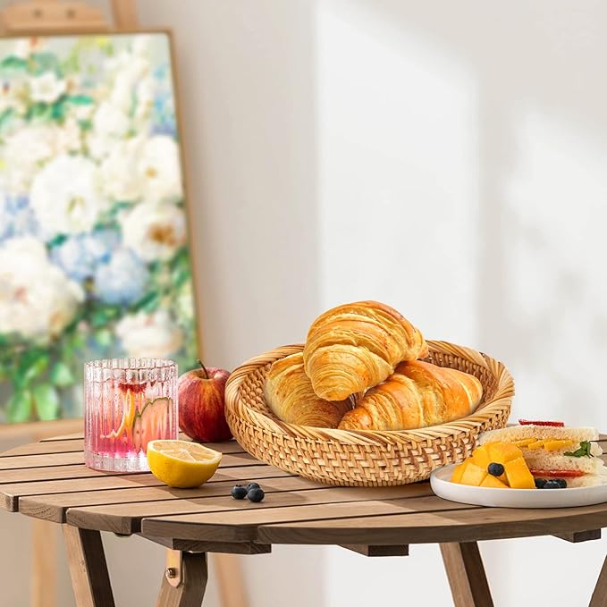 Natural Rattan Round Fruit Basket Bowls, Hand Woven Decor Serving Baskets, Wicker Storage for Dinning Room (Round-Small)＜ 7.8''(D) X1.9(H）＞