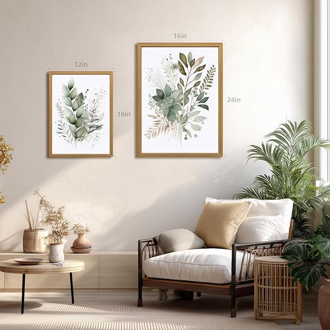 LLEEMPI Sage Green Wall Art Set of 3, Modern Watercolor Botanical Wall Decor, Eucalyptus Leaf Canvas Painting, Classic Minimalist Florals Poster Print for Bedroom Bathroom Office Wood Framed 16x24 Inch