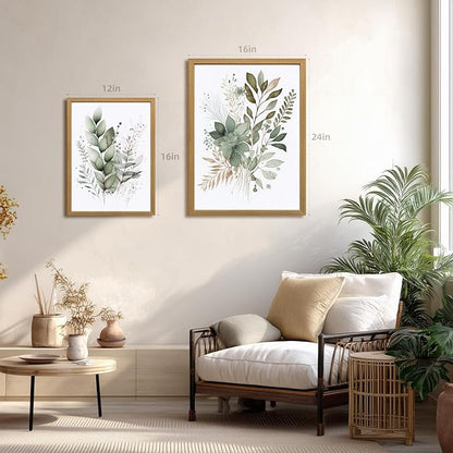 LLEEMPI Sage Green Wall Art Set of 3, Modern Watercolor Botanical Wall Decor, Eucalyptus Leaf Canvas Painting, Classic Minimalist Florals Poster Print for Bedroom Bathroom Office Wood Framed 16x24 Inch