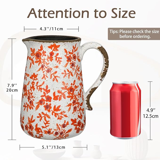 Ceramic Rustic Farmhouse Vase, 7.9" Orange Red and White Vase for Centerpieces Chinoiserie Vases Pottery Jug with Handle Chinoiserie French Country Decor Vintage Vases for Kitchen Dinner Table