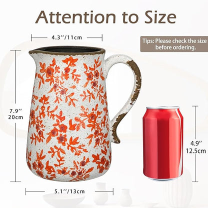 Ceramic Rustic Farmhouse Vase, 7.9" Orange Red and White Vase for Centerpieces Chinoiserie Vases Pottery Jug with Handle Chinoiserie French Country Decor Vintage Vases for Kitchen Dinner Table