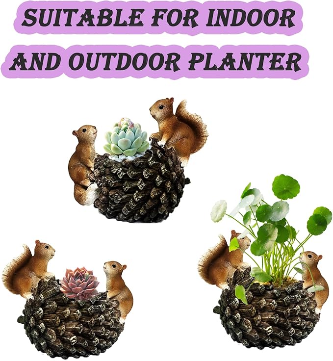 Cute Animals Planter Pot, Resin Squirrel Succulent Plant Flowerpot, Decorative Succulent Plant Planter, Lovely Pinecone Bonsai for Office Desk Room Home Indoor Decor