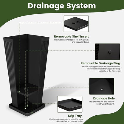 Tapered Tall Planters for Outdoor Plants 2 Pack- 23.6 Inch Square Indoor Flower Pots with Drainage Holes and Partition/Tray Saucers, Large Outdoor Planters for Porch Patio Garden, Black