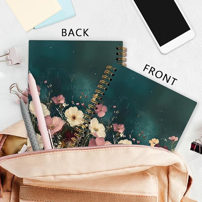 nvucamd Vintage Floral Spiral Notebook, Dark Green Cottagecore Wildflower Botanical Journal Notebook, Retro Moody Flower Journaling Notebooks for Women, Floral Gifts Office Supplies, 5.5x8.3 Inch