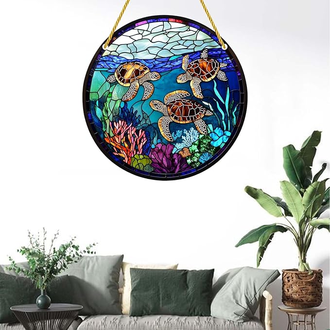 Acrylic Stained Window Hanging Turtle Acrylic Decoration for Indoor Outdoor Home Bar Office Garden Plastic Ornament Decor 12x12 Inch