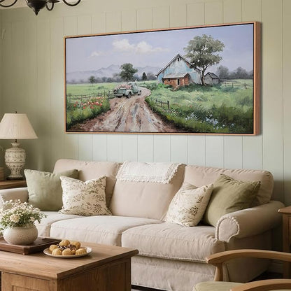 Framed Landscape Wall Art Canvas, Nature Painting Art Wall Decor for Living Room Farmhouse Picture Textured Large Farm Barn Artwork for Bedroom Home Office 48"x24"