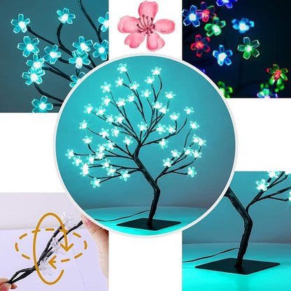 2pcs 48 LED Artificial Lighted Cherry Blossom Tree - Cherry Blossom Bonsai Tree 16 Color-Changing Metal Base Night Lights for Christmas Wedding Party