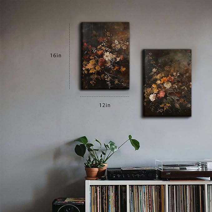 2pcs Vintage Dark Floral Canvas Wall Art Moody Autumn Floral Wall Decor Pictures Country Flowers Posters Prints Still Life Paintings for Farmhouse Living Room Bedroom Dining Room Decor 12x16 Inch