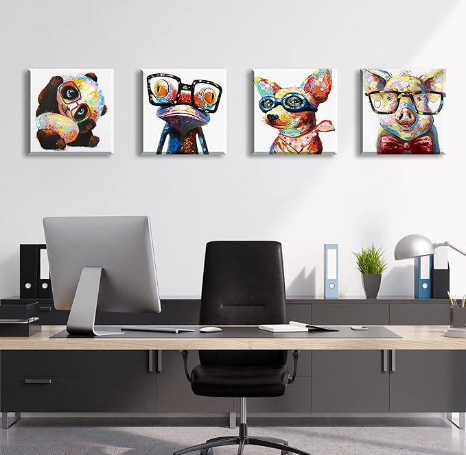 Colorful Cartoon Animal Wall Art Canvas Print Funny Cute Panda Frog Pig Pictures for Kids Bedroom Nursery Decor Artwork Framed 12''X12''X4
