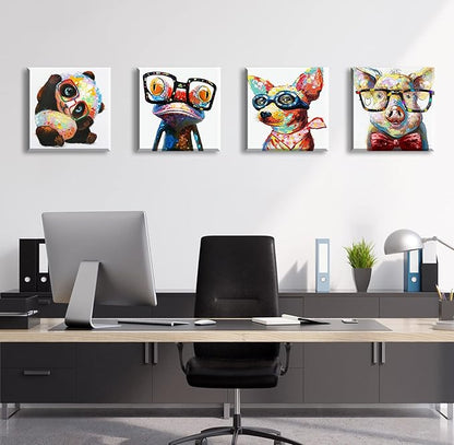 Colorful Cartoon Animal Wall Art Canvas Print Funny Cute Panda Frog Pig Pictures for Kids Bedroom Nursery Decor Artwork Framed 12''X12''X4
