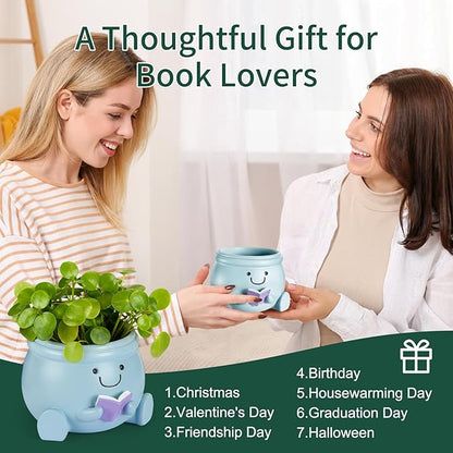 Book Lover Gift Set- Cute Reading Planter Pot with 5 Heart Leather Bookmarks & Quote Card, Cozy Desk Decor for Teacher, Librarian, Women, Mom, Friend, Colleague