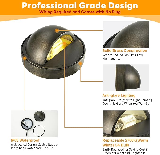 Gardenreet Low Voltage Deck Lights - Solid Brass Landscape Step Lights LED, 12V Hardwired IP65 Waterproof, Bronze Round Lighting for Stair Fence Wall Yard with 2700K Warm White G4 Bulb 4Pack