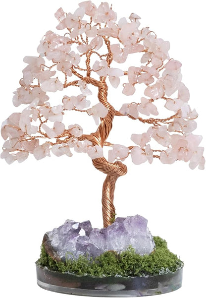 Dreamocean Rose Quartz Crystal Tree of Life Natrual Amethyst Cluster Geode Crystal Money Gemstone Bonsai Tree for Positive Energy, Money, Good Luck Pink Gifts for Women（Pink）
