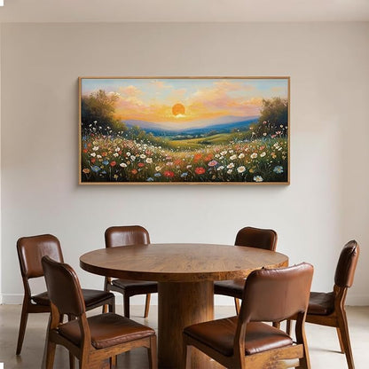 HOURIA Watercolor Sunset Floral Meadow Landscape Framed Canvas Wall Art Set,Boho Vibrant Colorful Wildflower Decor,Modern Nature Inspired Scenery Artwork for Living Room,Bedroom,Farmhouse-20 x40 x1