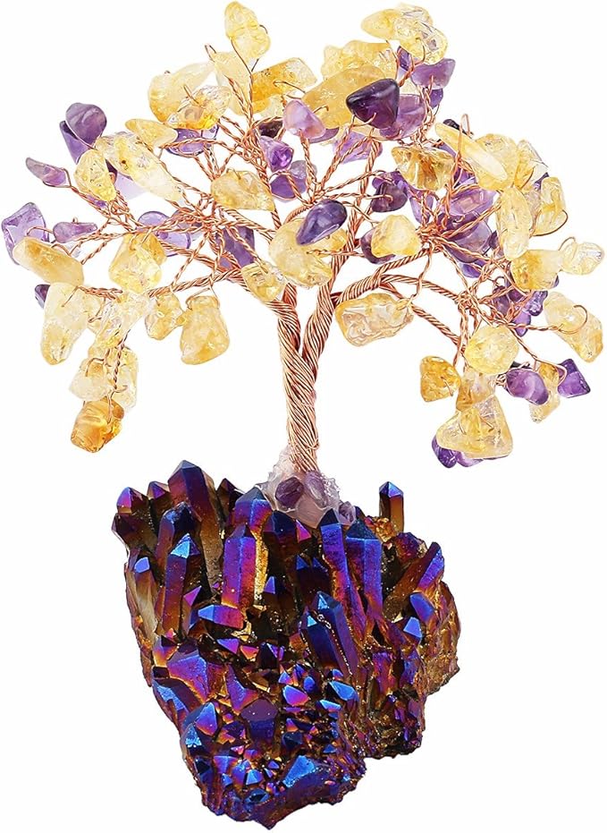 mookaitedecor Citrine & Amethyst Crystal Tree, Quartz Cluster Purple Titanium Crystals Base Bonsai Money Tree for Wealth and Luck