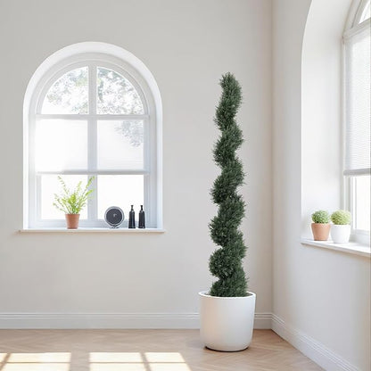 THE BLOOM TIMES 6ft Spiral Artificial Topiary Trees Set of 2, 71 inch Faux Cedar Trees for Outdoor Planters - Fake Twist Cypress Plants for Garden Front Porch Indoor Outside Decor 6 Foot