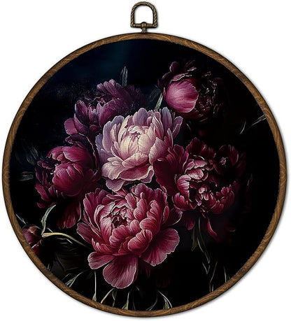 cvjutf Vintage Moody Peony Floral Wall Art Decor Framed, Peony Flower Botanical Round Wall Decor, Dark Cottage Core Floral Canvas Prints Art for Bathroom Bedroom Gallery Living Room, 10x10 Inch