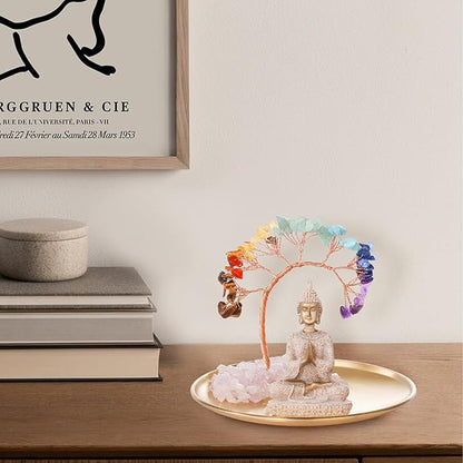 INNOLITES 7 Chakra Crystal Tree and Buddha Statue Set, Yoga Meditation Decor, Money Tree and Buda Statue for Home Living Room Office Shelf Decor Wealth and Luck