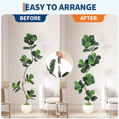 GarveeHome Fiddle Leaf Fig Artificial Tree with White Planter,6 ft Faux Plants Indoor with Moss, Fake Rubber Tall Fake Floor Plant in Pot - Artificial Trees for Home Office Living Room Decor